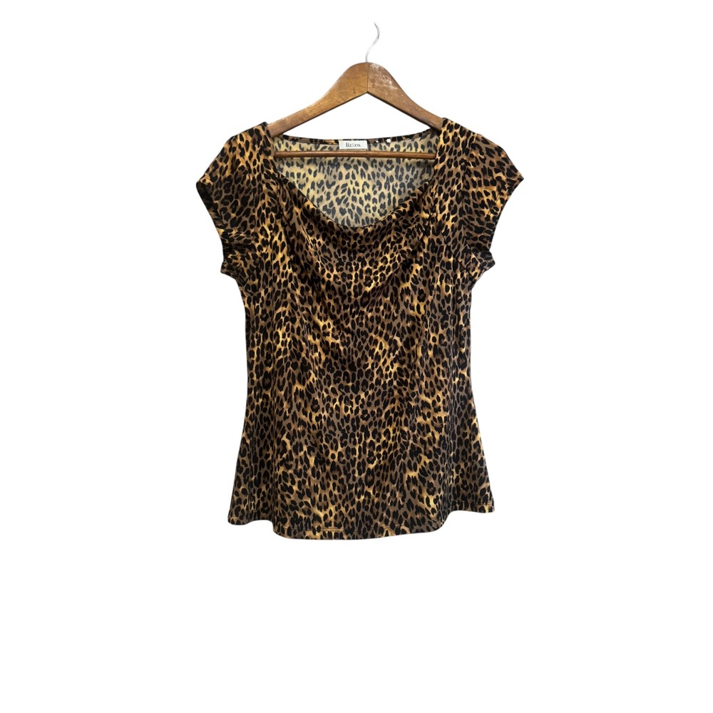 Liz & Co Cowl Neck Top Women Medium Brown Leopard Print Excellent Cap Sleeve